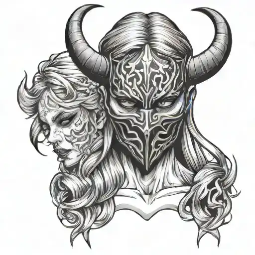 Male Tattoo Image Of A Girl Hiding Her Face Under A Mask Devil Face