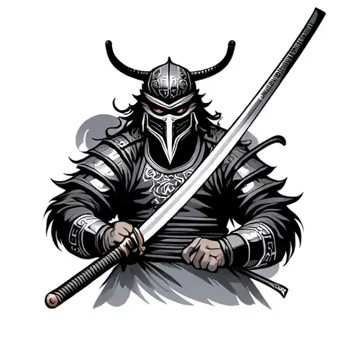 Samurai In Masked Oni With Katana Sword