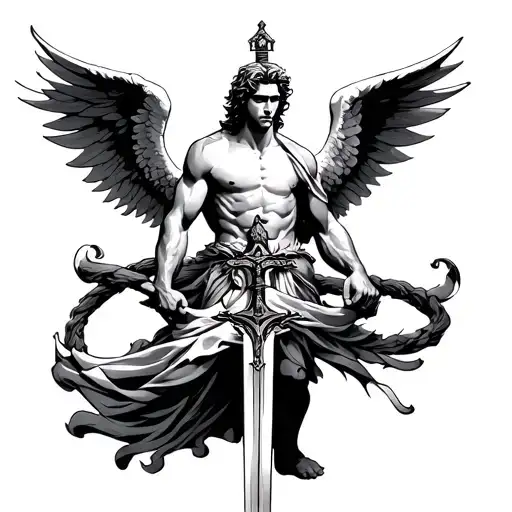 Male Angel Holding A Sword Intertwined