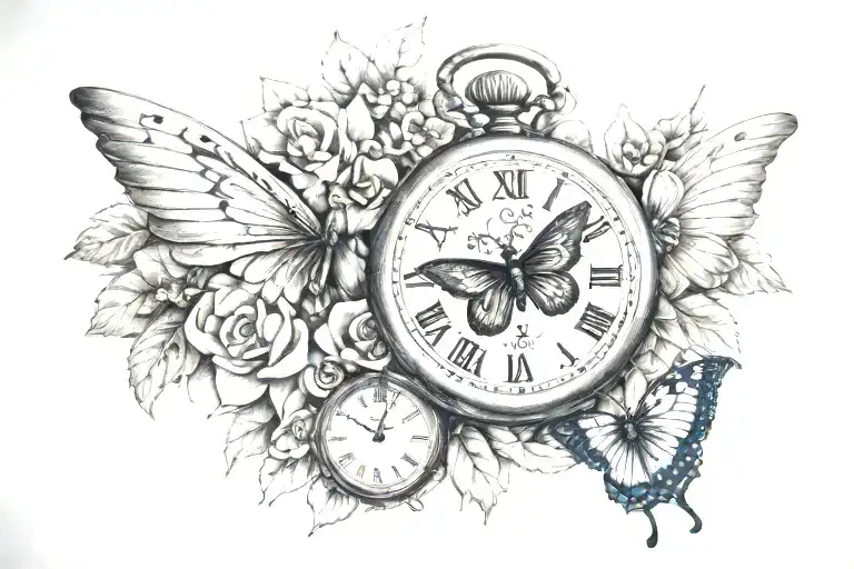 Pocket Watch Attached With Angel Wings Surrounded By Violets And A Butterfly