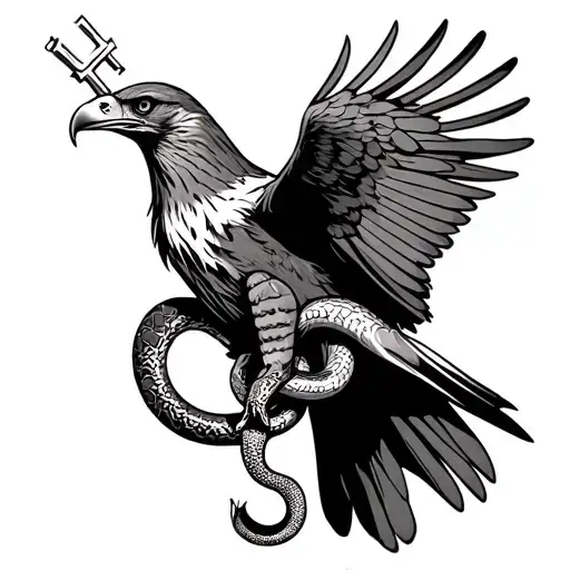 Hawk With A Cross In Its Beak Holding A Snake In Its Claws