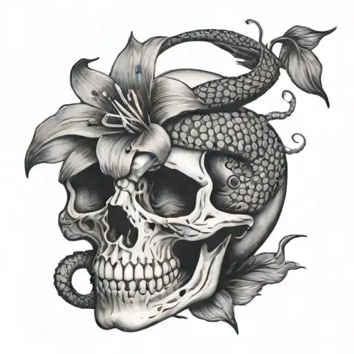 A Snake Curled Through A Skull With A Lily Flower Sprouting From An Eye Socket