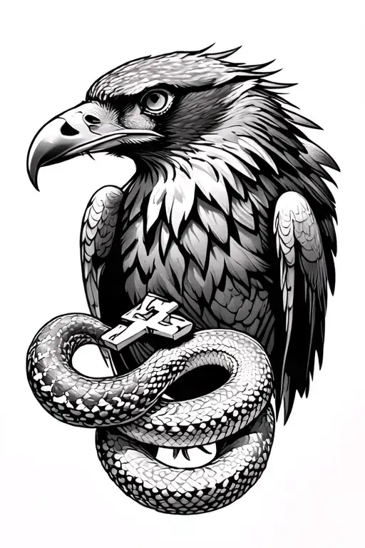 Hawk With A Cross In Its Beak Holding A Snake In Its Claws