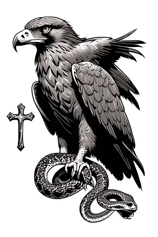 Hawk With A Cross In Its Beak Holding A Snake In Its Claws