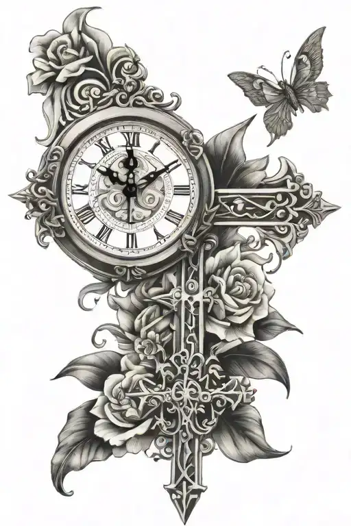 Christian Cross And Clock