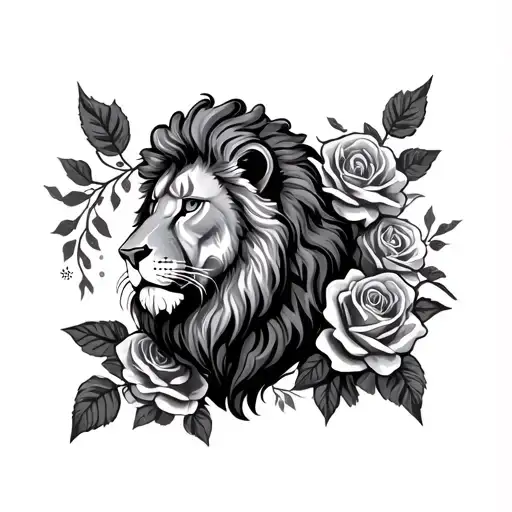 Lion And Roses Surrounding