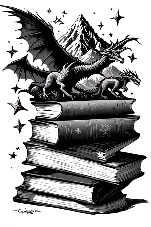 Fantasy Books Stacked Together With Stars And A Mountain And Small Dragons Flying Around