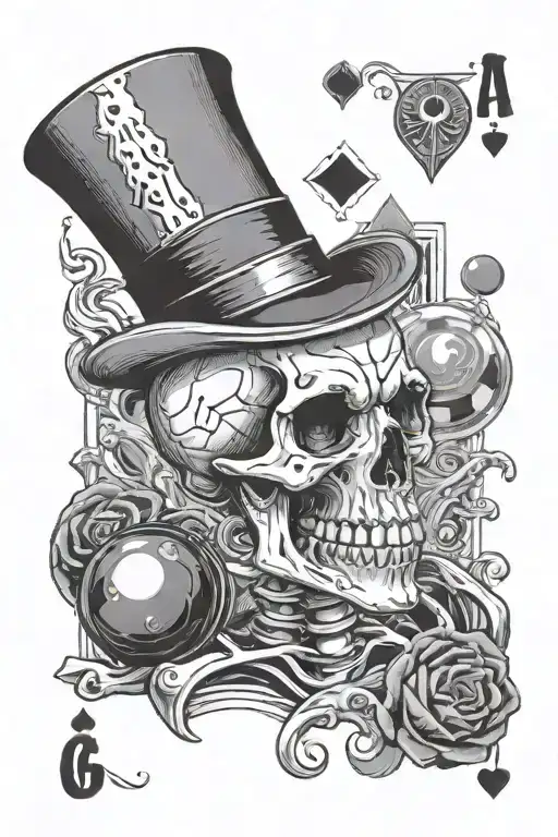 Skeleton With Magician Hat And Cards And Eight Ball