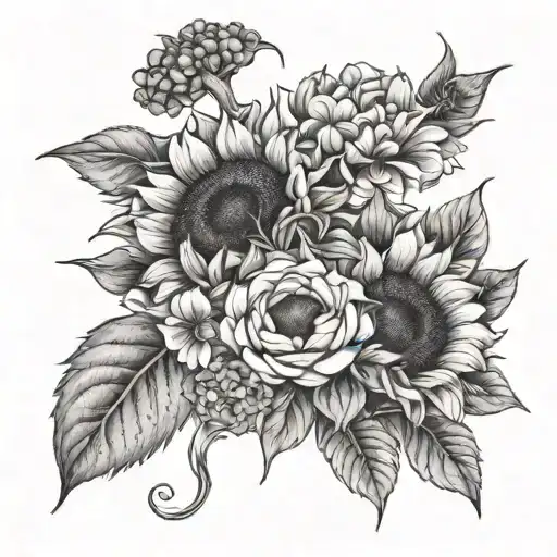 Sunflower And Hydrangeas And Gladiolus