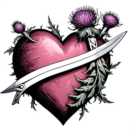 Inverted Three Of Swords Through Heart With Scottish Thistle
