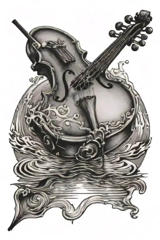 A Black-grey Tattoo Of A Violin Bow Transforming Into A Sunset Reflection On Water
