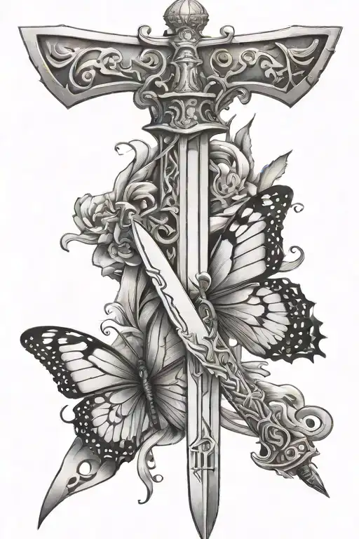 Sword With Letter M On Top Then A Butterfly In Front Of It