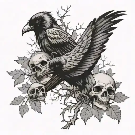 Ravens And Skulls On A Background Of Thin Trees Without Leaves