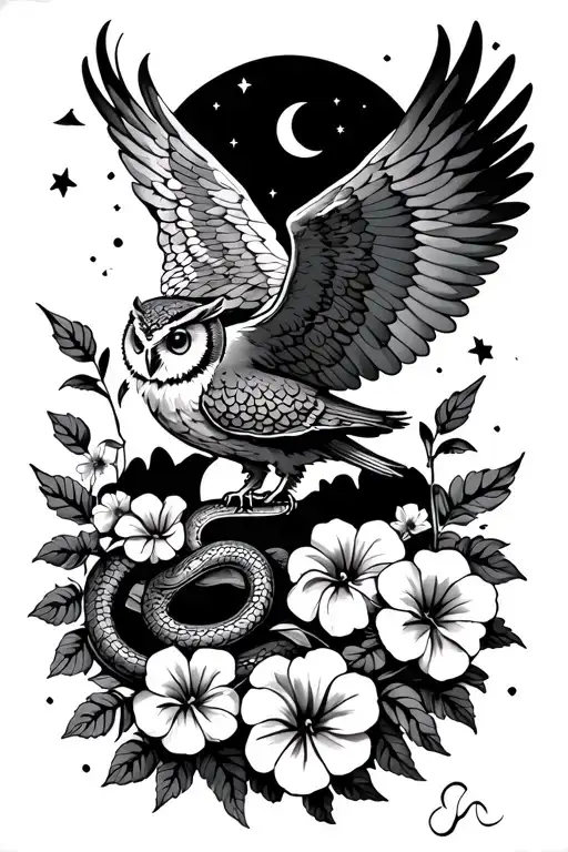 Kite With Owl Wings Flying In A Night Sky With Petunia Flowers And Snake