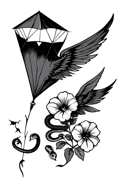 Kite With Wings Flying In A Night Sky With Petunia Flowers And Snake