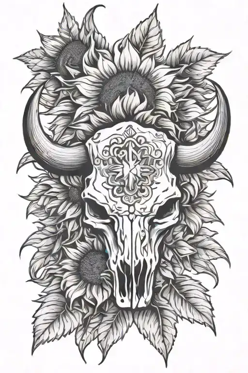 Bull Skull And Sunflower Surrounded