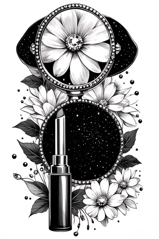 Hand Mirror With Cosmos Reflection And A Rhinestone Tube Of Lipstick