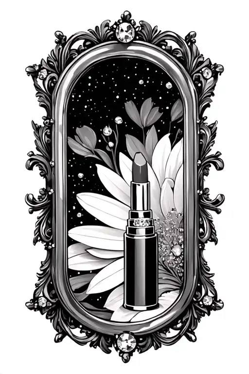 Antique Mirror With Cosmos Reflection And A Rhinestone Tube Of Lipstick