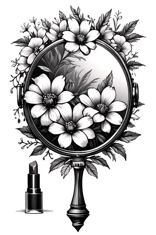 Mirror With Cosmo Flowers And A Tube Of Lipstick
