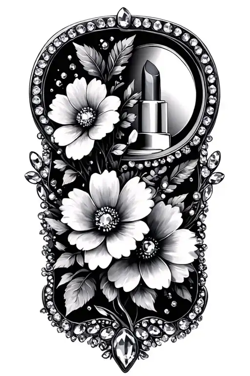 Rhinestone Mirror With A Reflection Of Cosmo Flowers And A Tube Of Lipstick