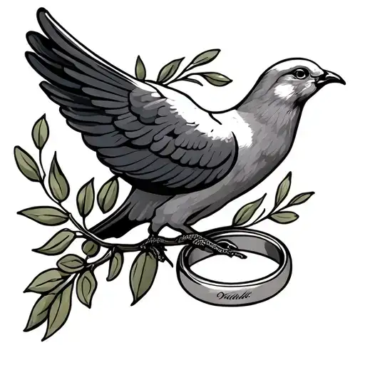 Dove With Olive Branch And Wedding Rings Intertwined