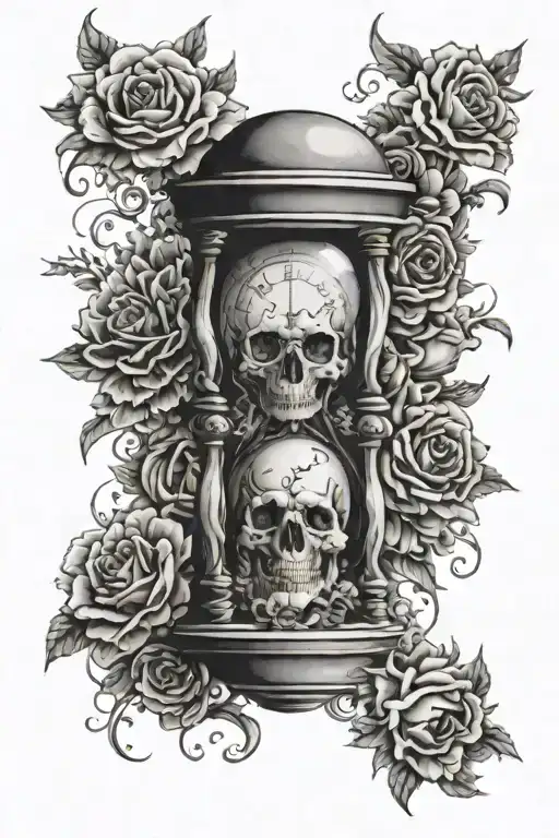 Hourglass With Skull And Clock Face Surrounded By Flowers