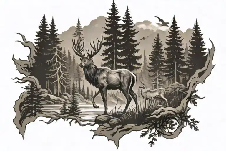 Deer Wolf Forest Scene