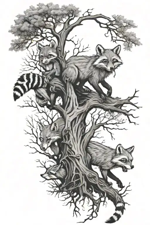 Foxes And Raccoons Chasing Around A Tree Growing
