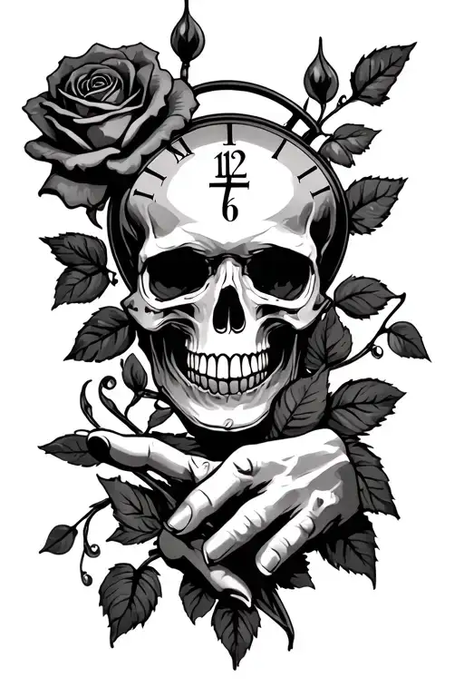 Skull And Rose Clock Hands Pointing