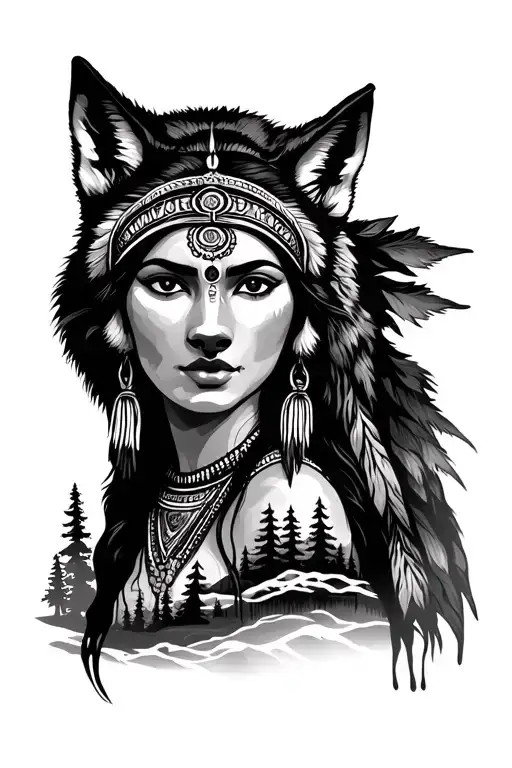 Indian Woman With Wolf With Sunset And Forest