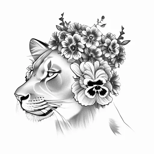 A Lioness Wearing A Flower Crown Of Pansy's And Chrysanthemums
