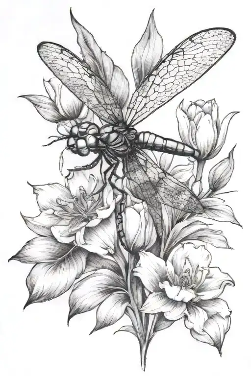 Dragonfly With Tulips Behind It