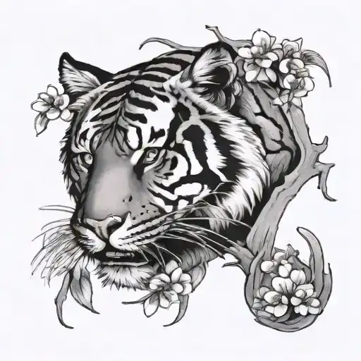 Tiger And Cherry Blossom Tree