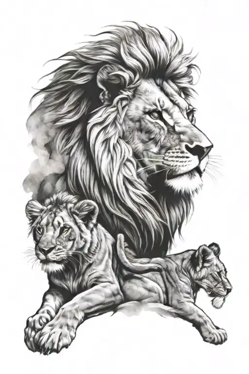 Lion Protecting Two Cubs One Smaller Than The Other With A Nice Background