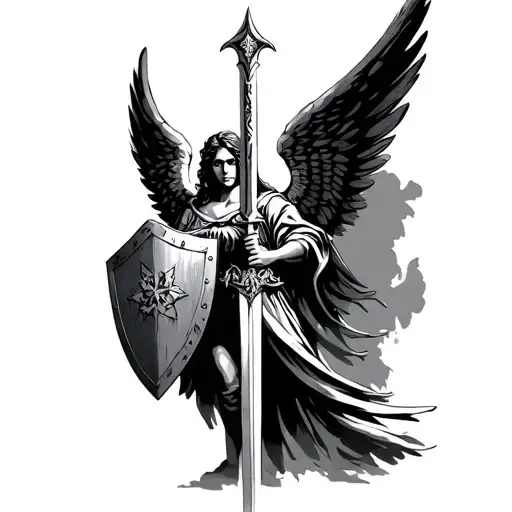 Six Wings Angel Holding Sword And Shield Staring Into The Distance