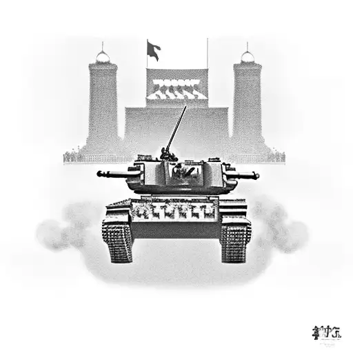 Lone Man In Tiananmen Square In Stand Off Against A Line Of Tanks In The Style Of Goya