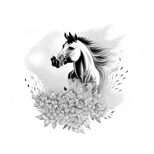 A Black-grey Tattoo Of A Horse Running Through A Field Of Swirling Flowers