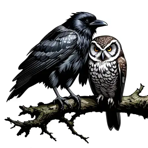 Raven And Owl Perched On A Branch
