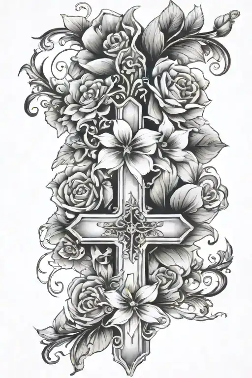 Half Sleeve Floral Tattoo With A Cross Outline In The Flowers