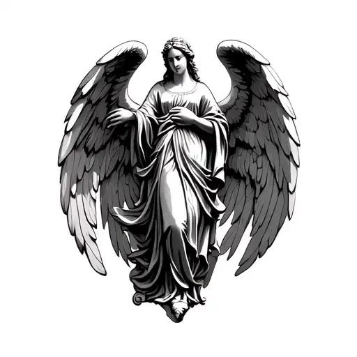 Angel And Statue With Arabesque And Black And Gray Stained Glass