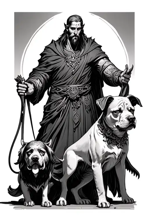 Hades With Cerberus The 3 Headed Dog On Leash Being Held