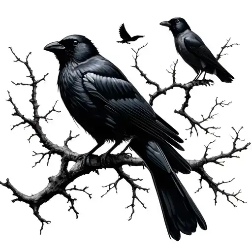 13 Blackbirds And 1 White Crow On Tree Branches Stretching Towards
