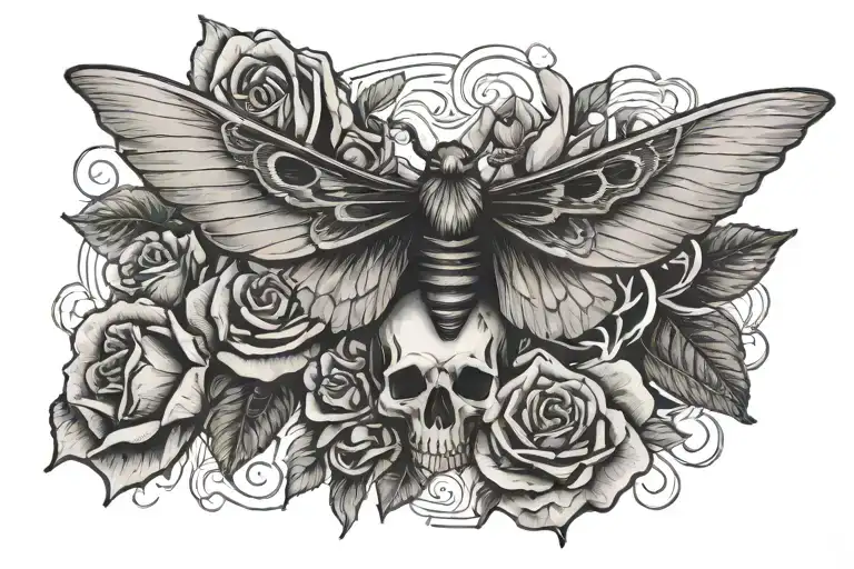 Moth With Skull And Roses In Wings Spread
