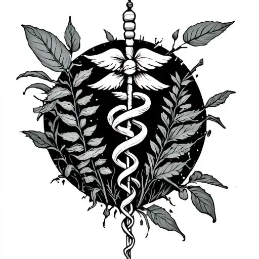 Rod Of Asclepius And Plants Growing From A Broken
