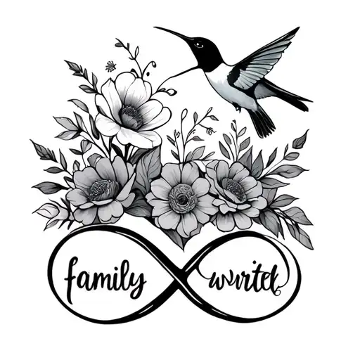 Infinity Logo With Family Writer In It With A Humming Bird And Flowers On The Side Fine Line