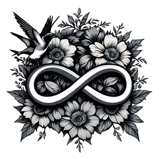 Infinity Logo With Family In It With A Humming Bird And Flowers On The Side Fine Line