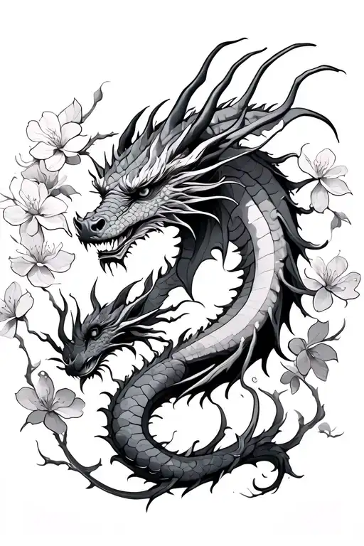 Dragon With Thorns And Tendrils And Cherry Blossoms