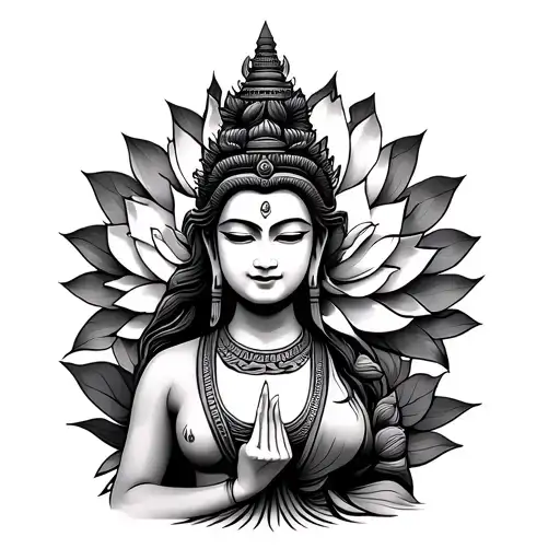 Cambodian Goddess With Lotus Flower Behind