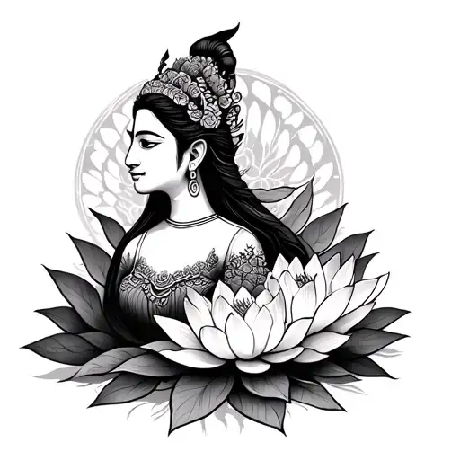 Cambodian Goddess With Lotus Flower Behind