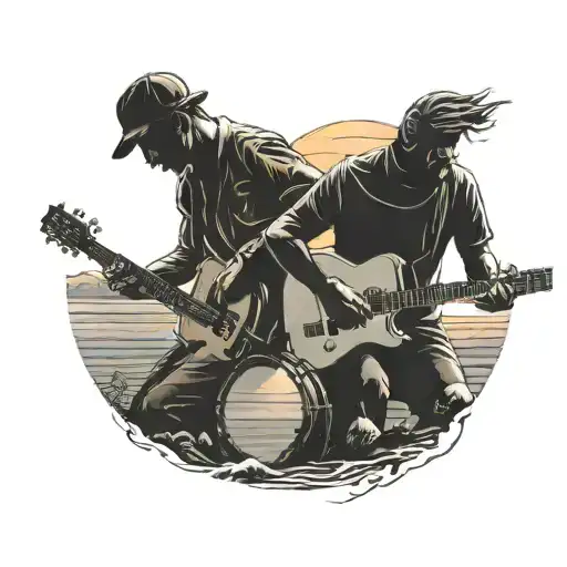 A Father And Son Silhouette Playing Guitar And Drums On A Beach At Sunset